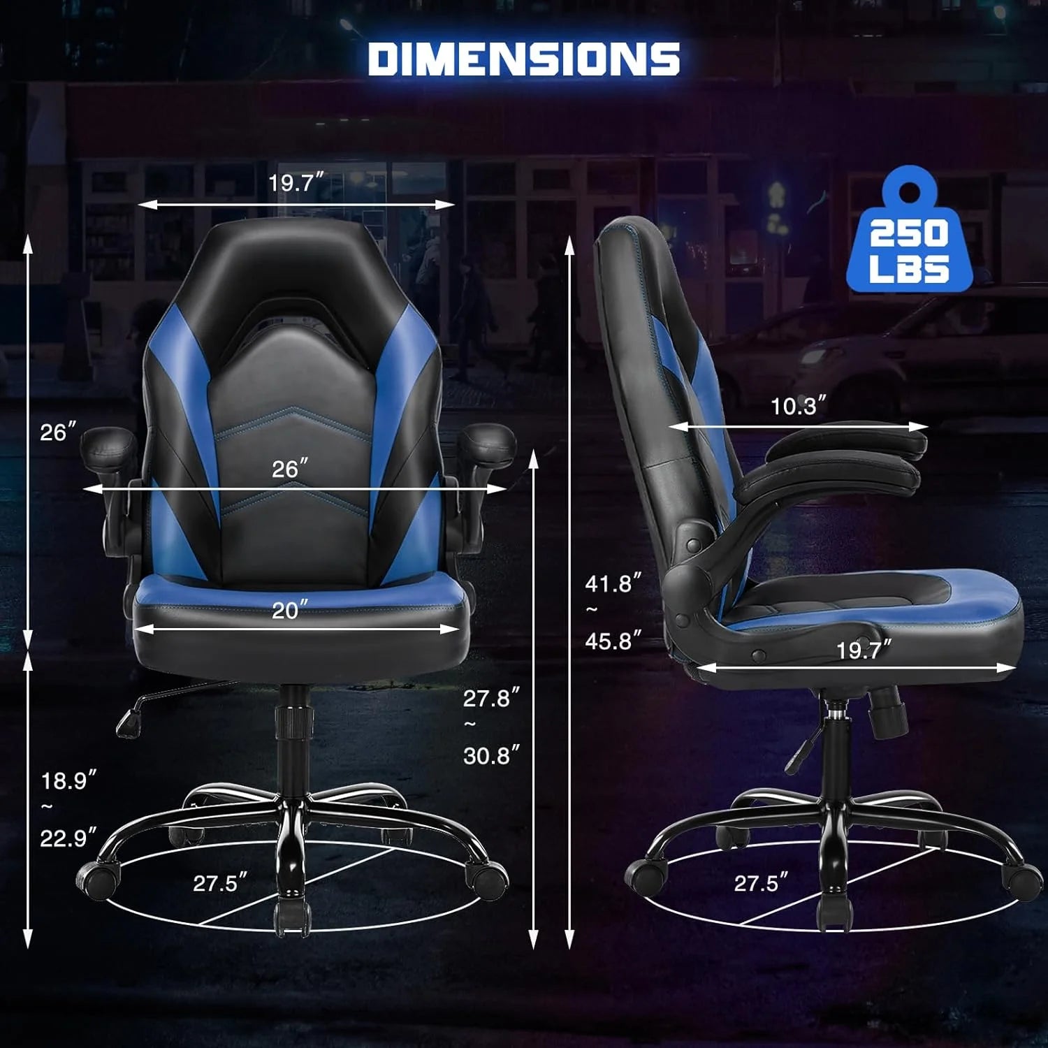 Ergonomic Computer Gaming Chair - Home Office Desk with PU Leather Lumbar Support, Height Adjustable Big and Tall Video Game with Flip-up Armrest, Swivel Wheels for Adults and Teens