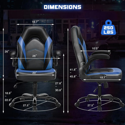 Ergonomic Computer Gaming Chair - Home Office Desk with PU Leather Lumbar Support, Height Adjustable Big and Tall Video Game with Flip-up Armrest, Swivel Wheels for Adults and Teens