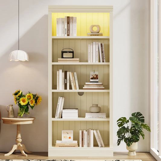 Harper & Bright Designs Tall Wood Bookcase with Light Strip, 5 Tier Bookshelves with Adjustable Shelves, Free Standing Storage Organizer for Home Office, Beige+Cream, Beige+Yellow