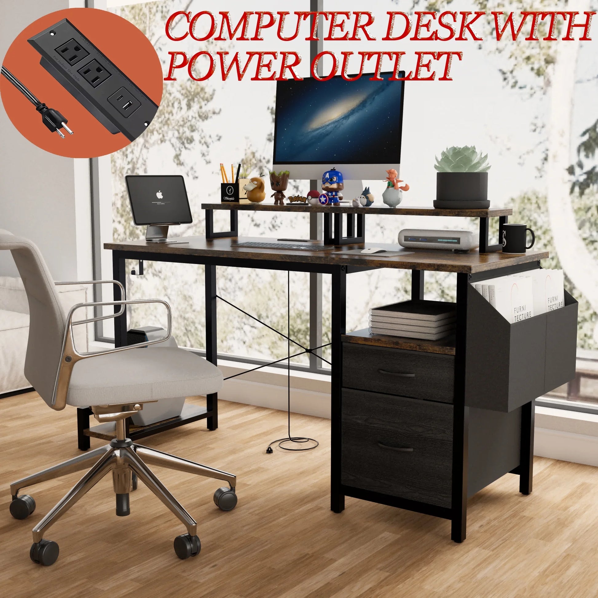 New 47.3" Computer Desk with Power Outlets, Small Home Office Desk with 3 drawers,Side Pocket, Gaming Desk, Modern Study Desk, Laptop Desk, White