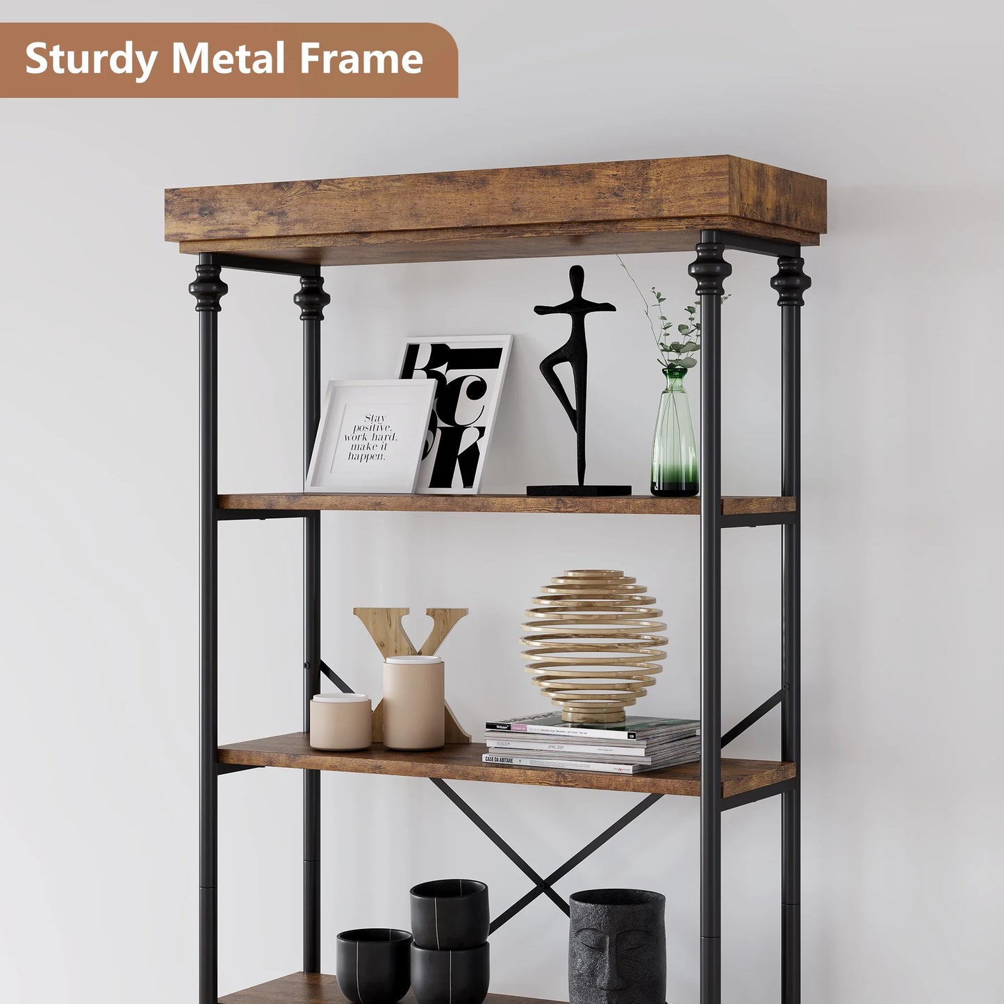 Maritcute 6 Tier Bookshelf Industrial Bookcase Wood Storage Open Rack Shelf Metal Frame Rustic Tall Standing Bookshelves Large Vintage Display Rack for Bedroom,Living Room and Home Office