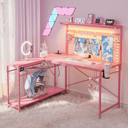 Bestier 51 L Shaped Gaming Desk with Power Outlets & LED Light, Computer Desk with 4 Tiers Shelves for Home Office, Reversible Gamer Table with Hooks and Cup Holder, Carbon Fiber