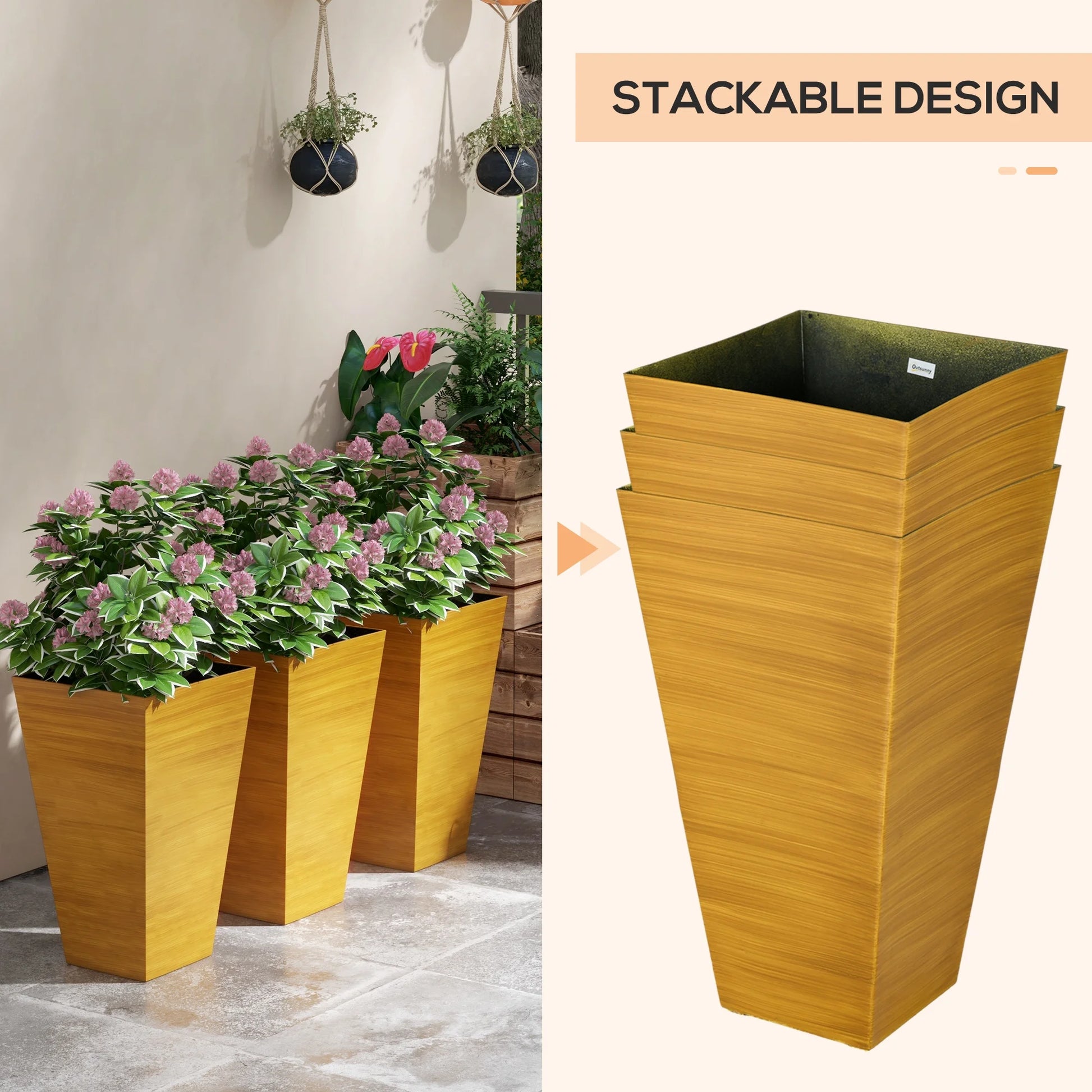 DUOSONG Outsunny 28" Tall Outdoor Planters, Set Of 3 Large Taper Planters With Drainage Holes And Plug, Faux Wood Plastic Flower Pots For Outdoor, Indoor, Garden, Patio, Tan Brown Polypropylene