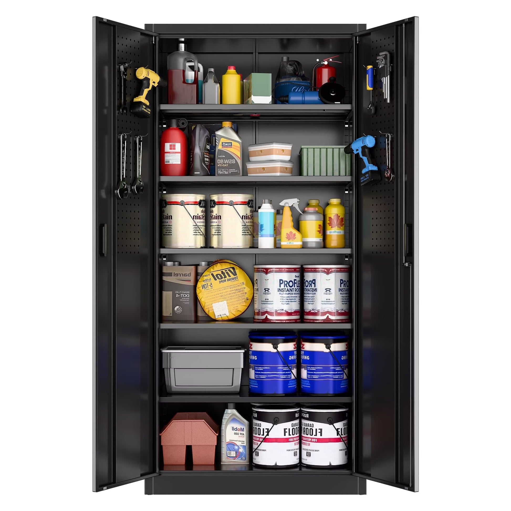 Aobabo Metal Storage Cabinet with Lock & Pegboard,Garage Storage Cabinet with 5 Adjustable Shelves,Tool Storage Cabinets for Home Office Garage,Assembly Required,Black