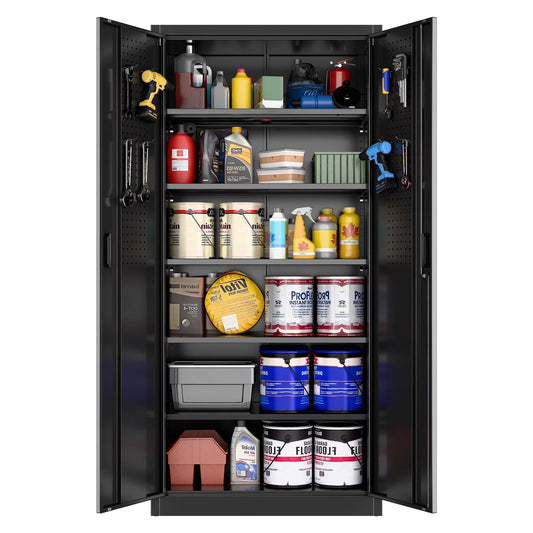 Aobabo Metal Storage Cabinet with Lock & Pegboard,Garage Storage Cabinet with 5 Adjustable Shelves,Tool Storage Cabinets for Home Office Garage,Assembly Required,Black
