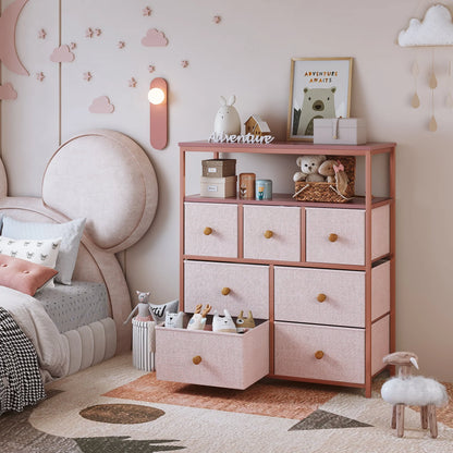 EnHomee Dressers for Bedroom with 7 Drawers Pink Dresser Fabric Chest of Drawers with Shelves Portable Storage Tower Small Dresser for Living Room Nursery Guest Room