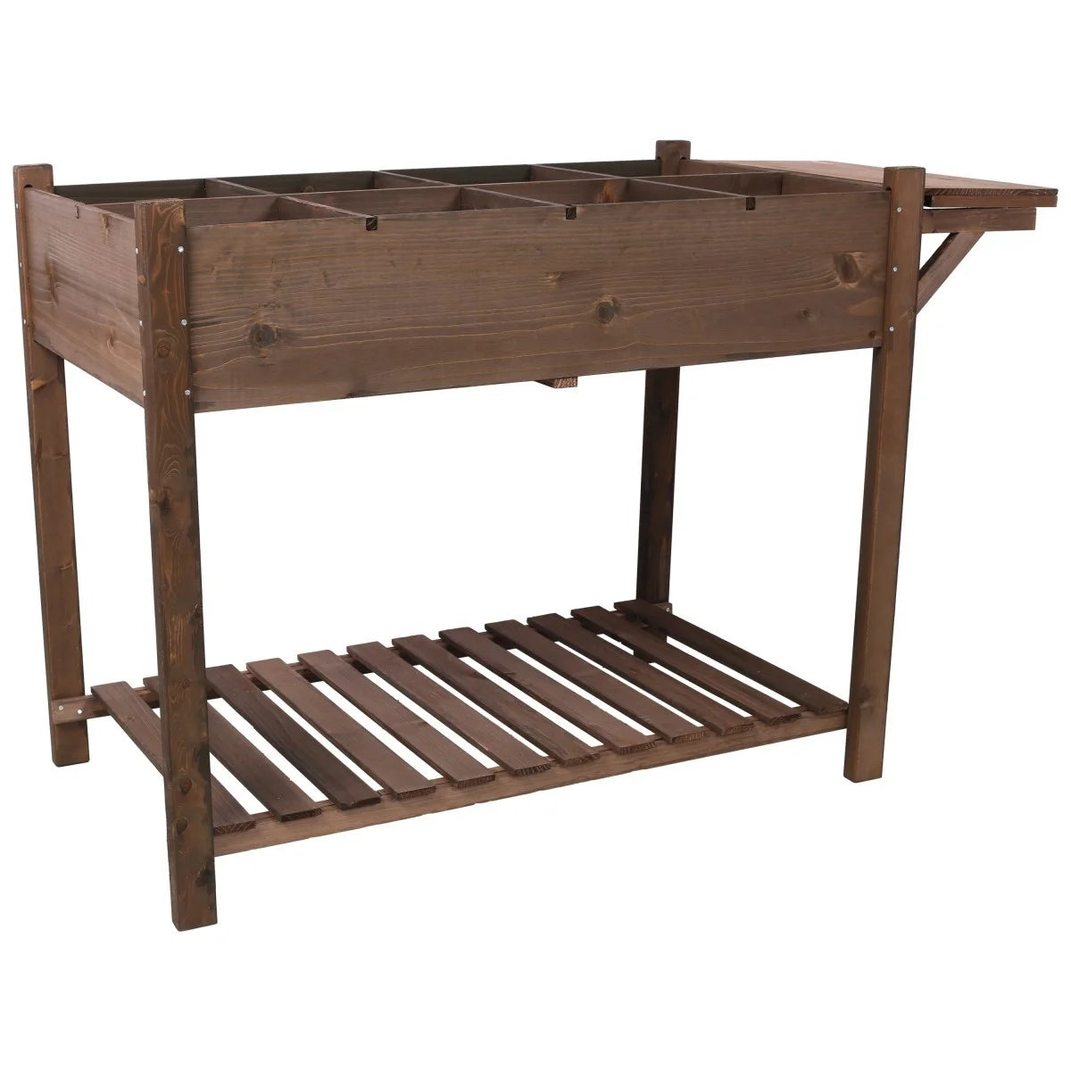 IVV Elevated Wooden Raised Garden Bed - 8 Grid Planter Box with Folding Side Table and Storage Shelf, Fabric Liner & Drainage Holes for Vegetables, Herbs, and Flowers - Dark Brown