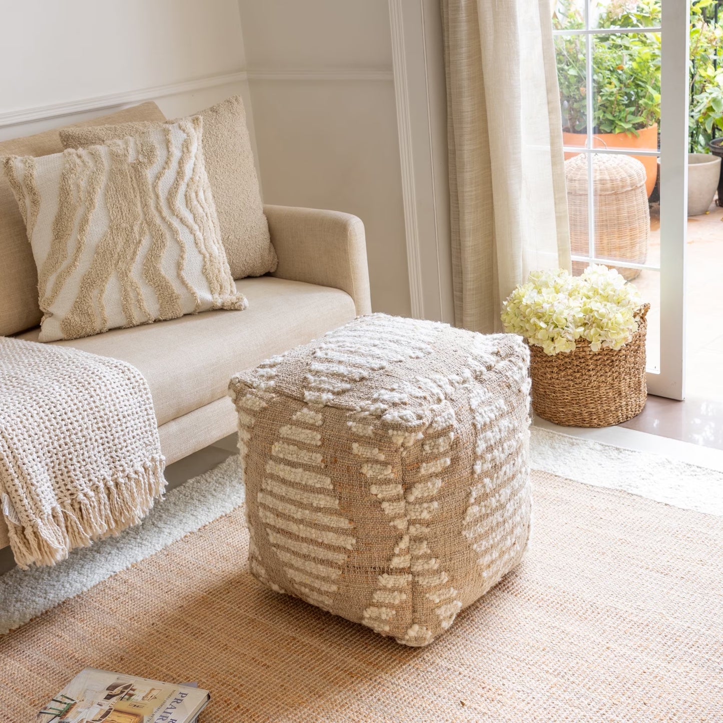 Ox Bay Shiela Square Ivory/Blue Distressed Indoor Pouf Ottoman, 18"H x 18"W