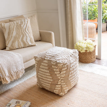 Ox Bay Shiela Square Ivory/Blue Distressed Indoor Pouf Ottoman, 18"H x 18"W