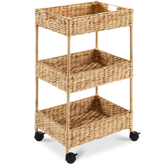 Best Choice Products 3-Tier Water Hyacinth Rolling Nursery Caddy w/Wheels, Utility Cart, Storage Organization - Natural
