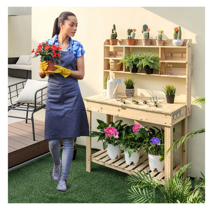 Garden Potting Bench Table with Display Rack & Sink - Outdoor Workstation for Plants, Tools & Gardening - Fir Wood - 43.5" x 19.5" x 60.5"