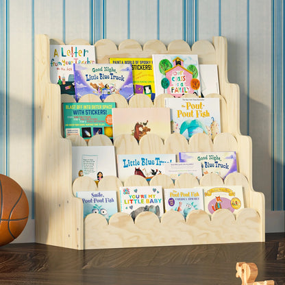Montessori Wood Kids Bookshelf - Scalloped 4-Tier Front-Facing Book Display, Nursery Organizer for Toddler/Baby Books & Toys, Gender-Neutral Classroom Playroom Storage