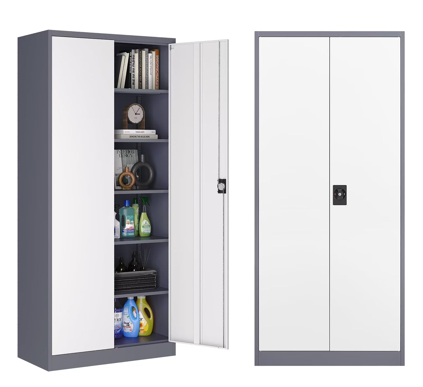 Fesbos Metal Garage Storage Cabinet,71" H Tall White Cabinet with 2 Doors and 5 Adjustbale Shelves,Lockable Tool Cabinet for Garage, Basement, Home Office