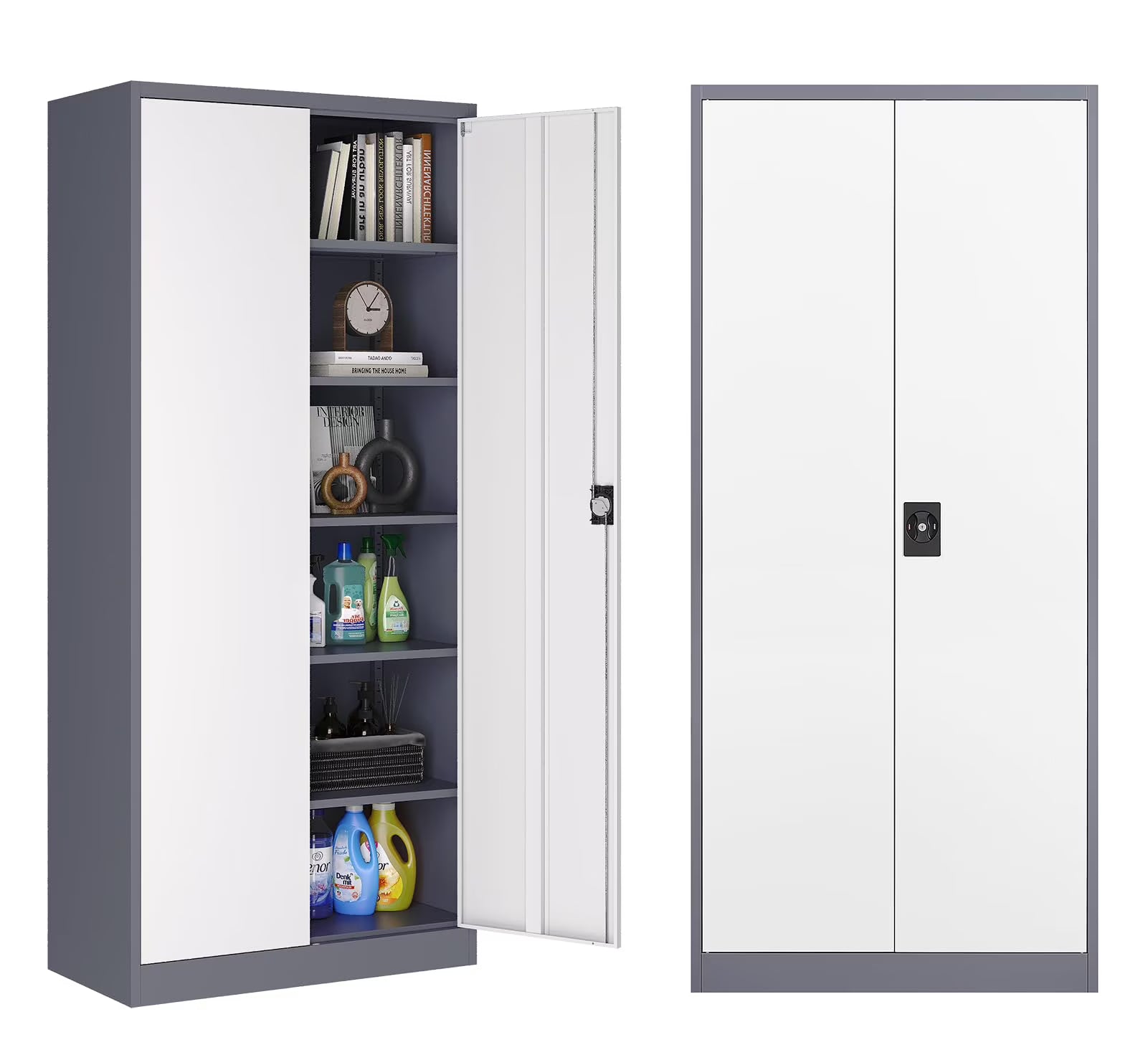 Fesbos Metal Garage Storage Cabinet,71" H Tall White Cabinet with 2 Doors and 5 Adjustbale Shelves,Lockable Tool Cabinet for Garage, Basement, Home Office