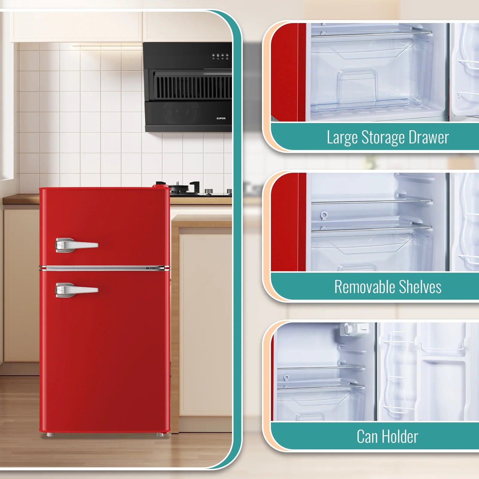 TACOOL Refrigerator with Top Freezer 3.5Cu.ft Two Door Small Mini Fridge with Extra Drink Space for Home Office Dorm Red