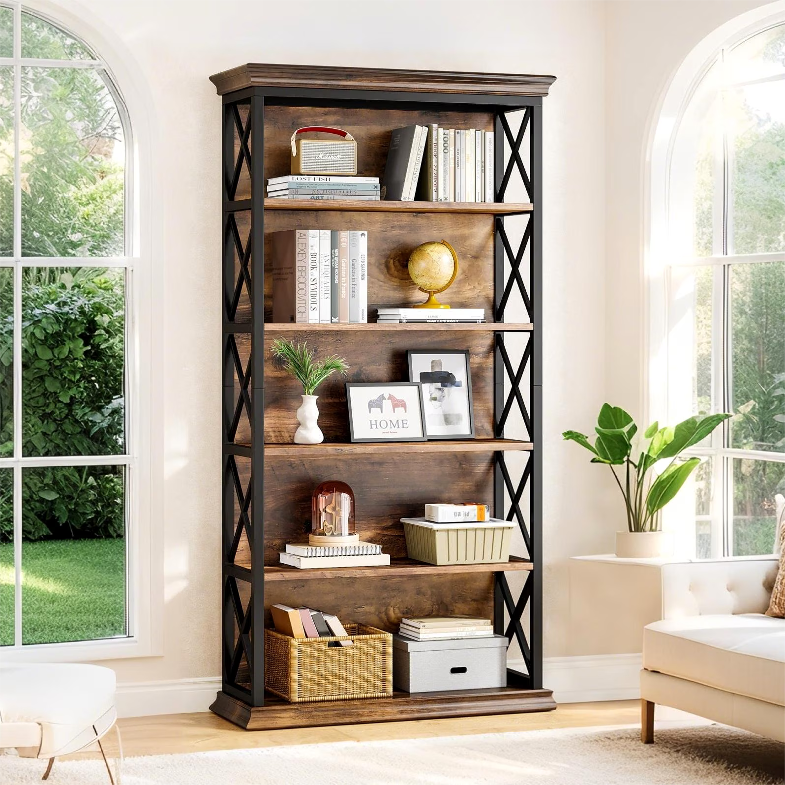 Fnova 71" 5-Tier Tall Bookshelf, Industrial Wood Bookcase with Metal Frame, Floor Standing Display Storage Shelves for Home Office, Living Room, Bedroom