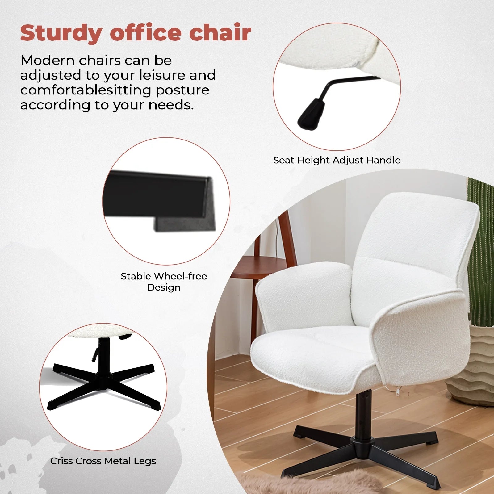 Homy Casa Home Office Desk Chair, Cute Vanity/Makeup Criss-Cross Chair, Upholstered Adjustable Swivel Armchair for Women/Girls