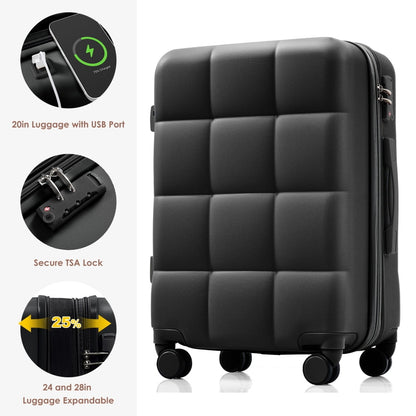 Luggage Sets 4 Piece, Expandable Suitcase Set with USB Port and Cup Holder, ABS Hardshell Carry on Luggage with Spinner Wheels and TSA Lock (20in24in28in), Black