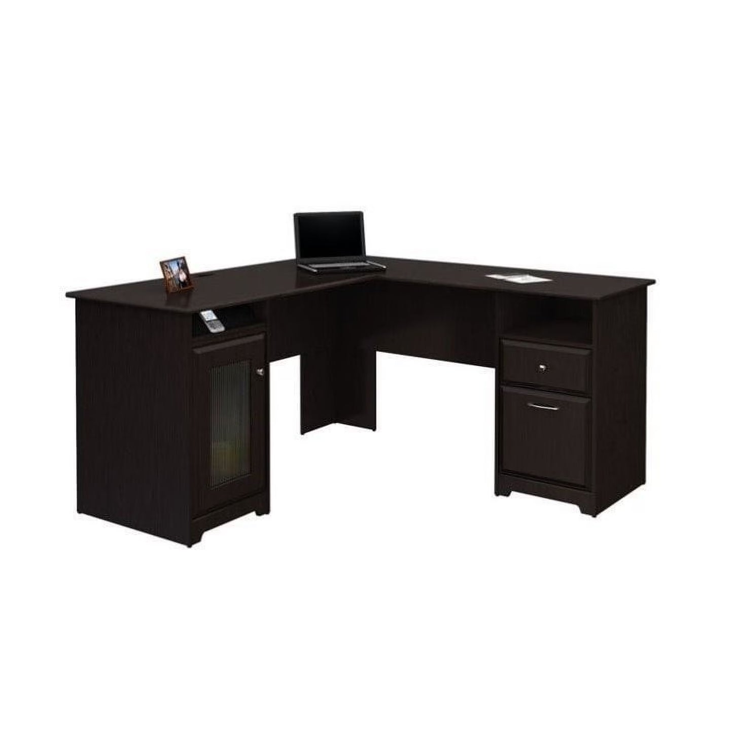 Pemberly Row 60" Home Office L-Shape Desk with 4-Port USB Hub and File Drawer in Heather Gray