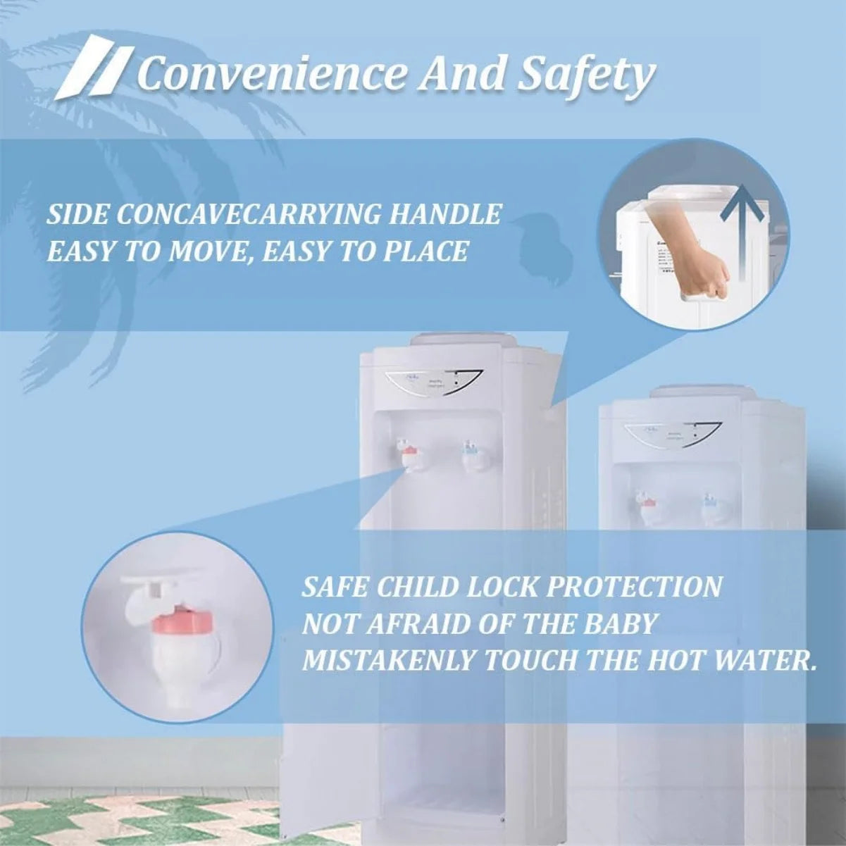 Water Cooler Dispenser, 3 or 5 Gallon Top Loading Hot/Cold Water Cooler Dispenser with Child Safety Lock & Storage Cabinet for Kitchens, Indoor Home Office Use, White