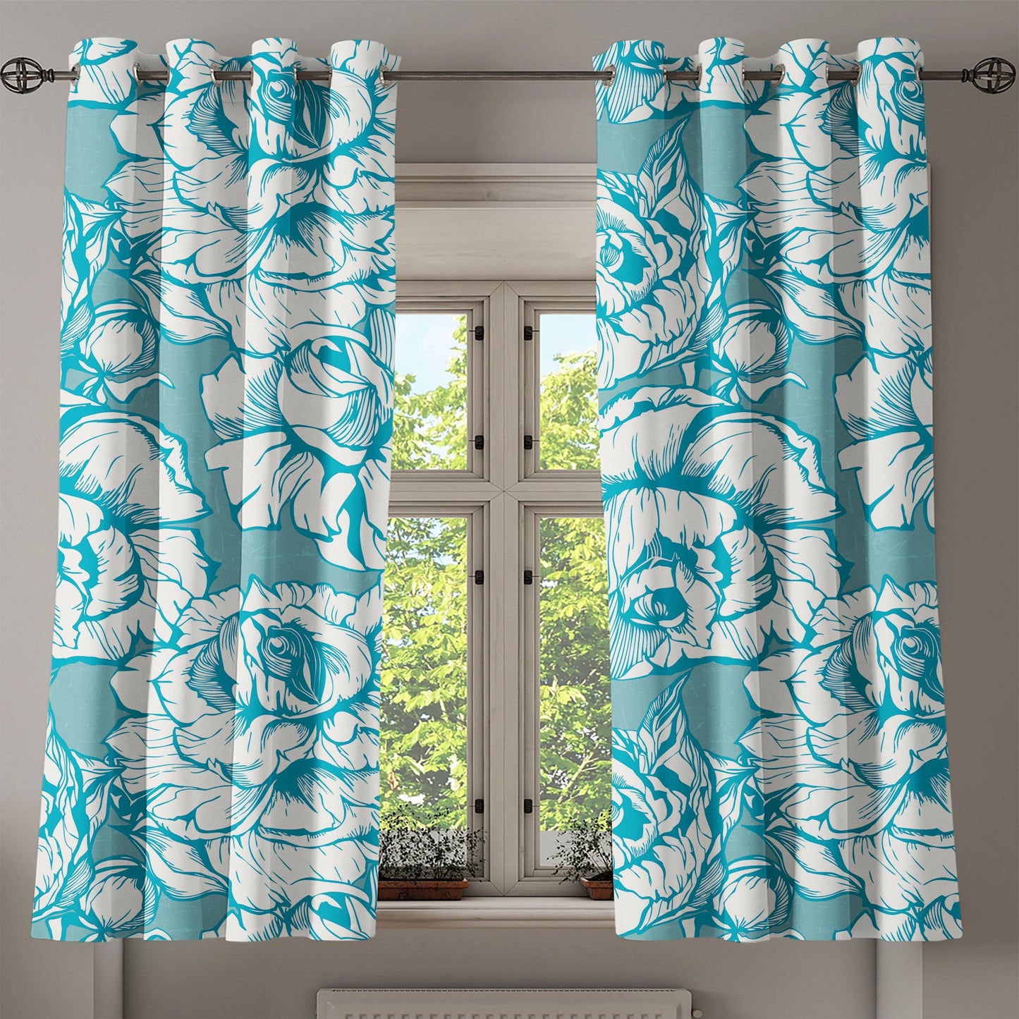 Peony Grommet Curtain, Vintage Linear Flowers Boho Springtime Artwork of Romantic Floral Print, 2-Panel Window Drapes for Bedroom Living Room Decor, 50"x60", Cadet Blue and Off White, by Ambesonne