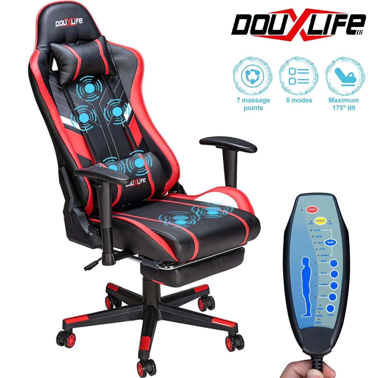 Douxlife Massage Gaming Chair with Footrest, 175° Reclining, Ergonomic Racing High Back Home Office Computer Chair, Video Game Chair for Adluts
