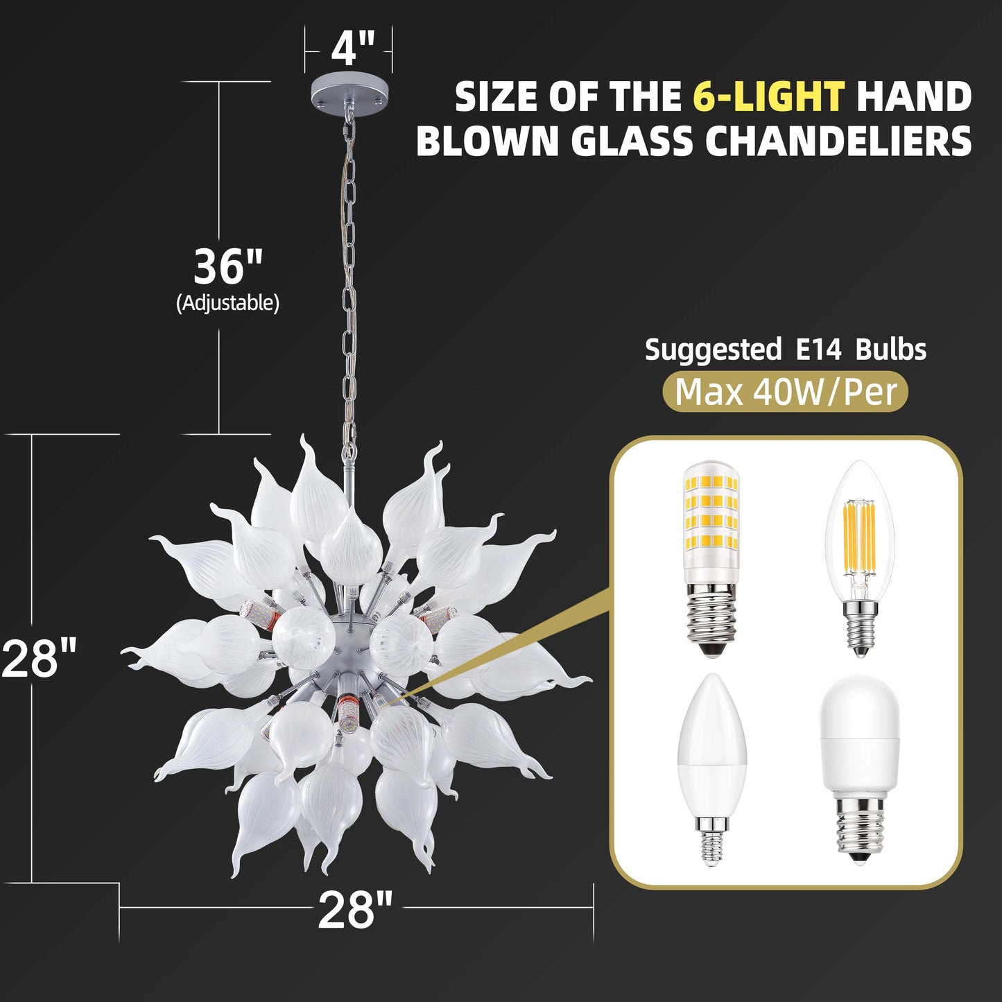 Longree 6-lights Plug in Hand Blown Glass Chandelier Modern Luxury White Flower Bud Glass Art Tall Ceiling Light Hanging Light Fixture for Kitchen, Bedroom, Dining Room, Living Room-LR1466