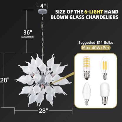 Longree 6-lights Plug in Hand Blown Glass Chandelier Modern Luxury White Flower Bud Glass Art Tall Ceiling Light Hanging Light Fixture for Kitchen, Bedroom, Dining Room, Living Room-LR1466