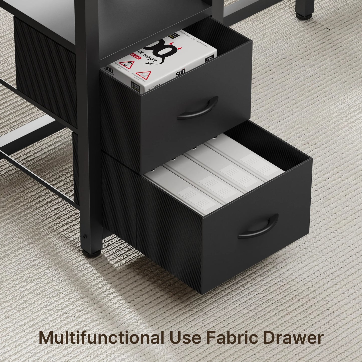 66" L Shaped Computer Desk with Power Outlets, Gaming Desk with Shelf and Drawers for Home Office, Black