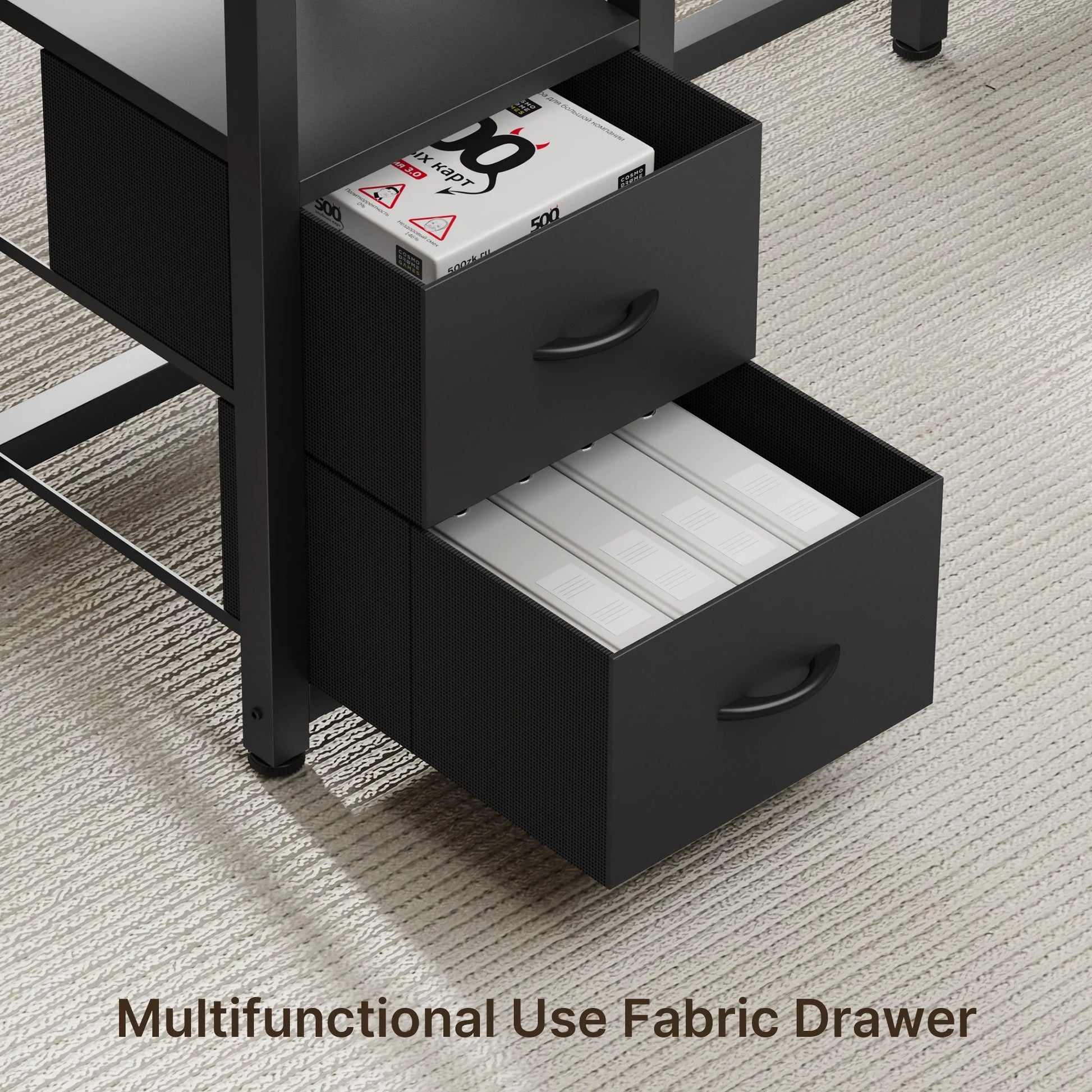 66" L Shaped Computer Desk with Power Outlets, Gaming Desk with Shelf and Drawers for Home Office, Black