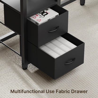 66" L Shaped Computer Desk with Power Outlets, Gaming Desk with Shelf and Drawers for Home Office, Black