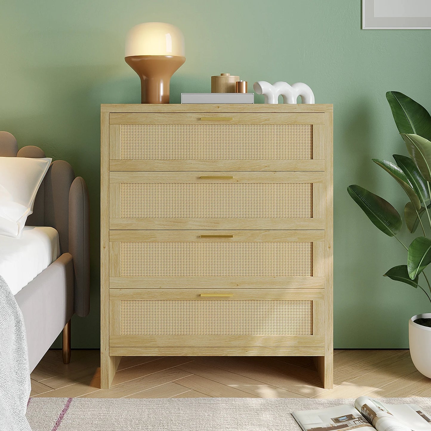 Richya Rattan Dresser with 4 Drawers, Wood Storage Cabinet for Living Room, Hallway, Nursery ,Bedroom