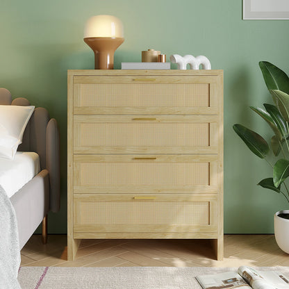 Richya Rattan Dresser with 4 Drawers, Wood Storage Cabinet for Living Room, Hallway, Nursery ,Bedroom