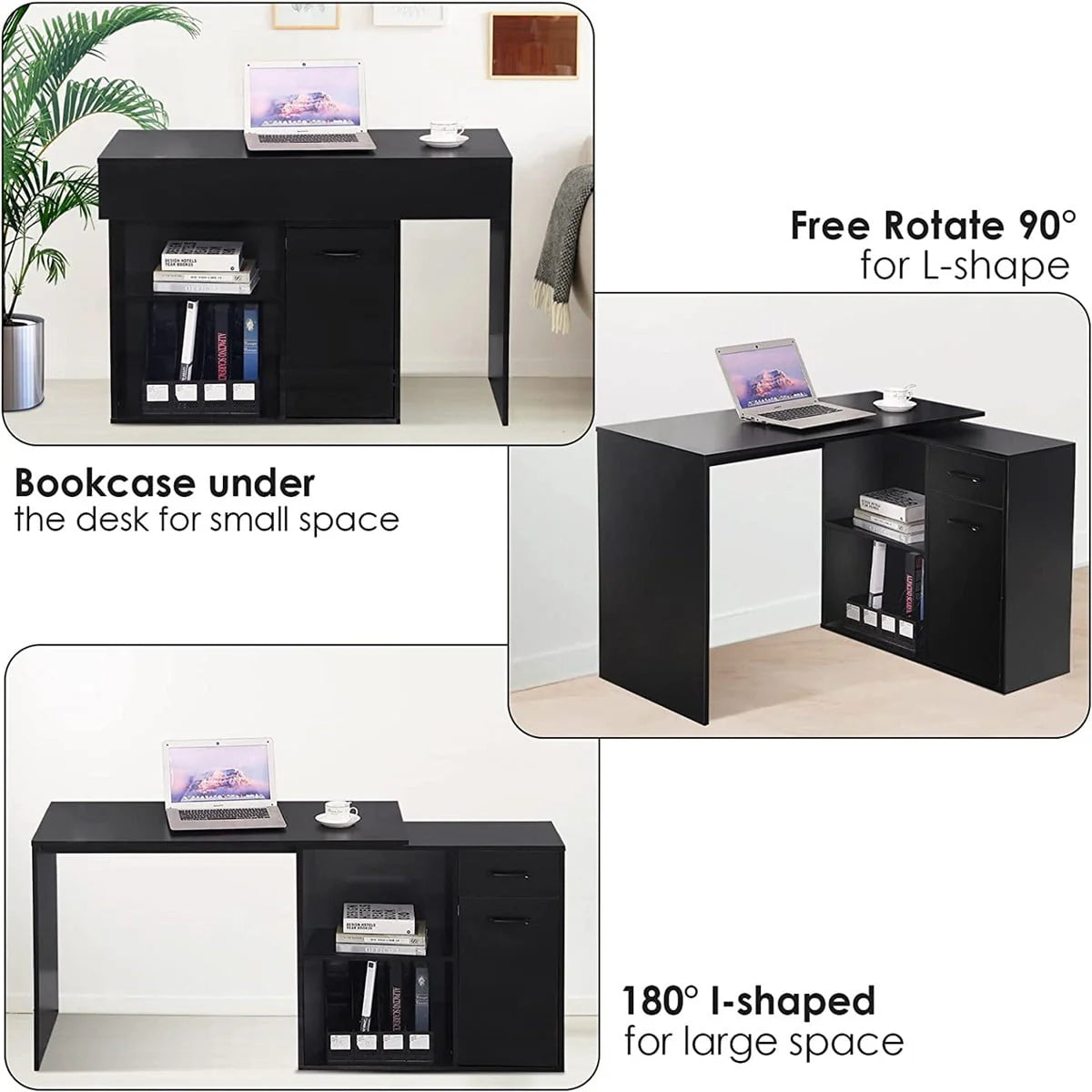 Hoffree 180 Degree Rotating Computer Desk with 2 Open Shelves 68 inch L-Shaped Desk with Drawers & File Cabinet Study Workstation for Home Office & Bedroom, Black/White