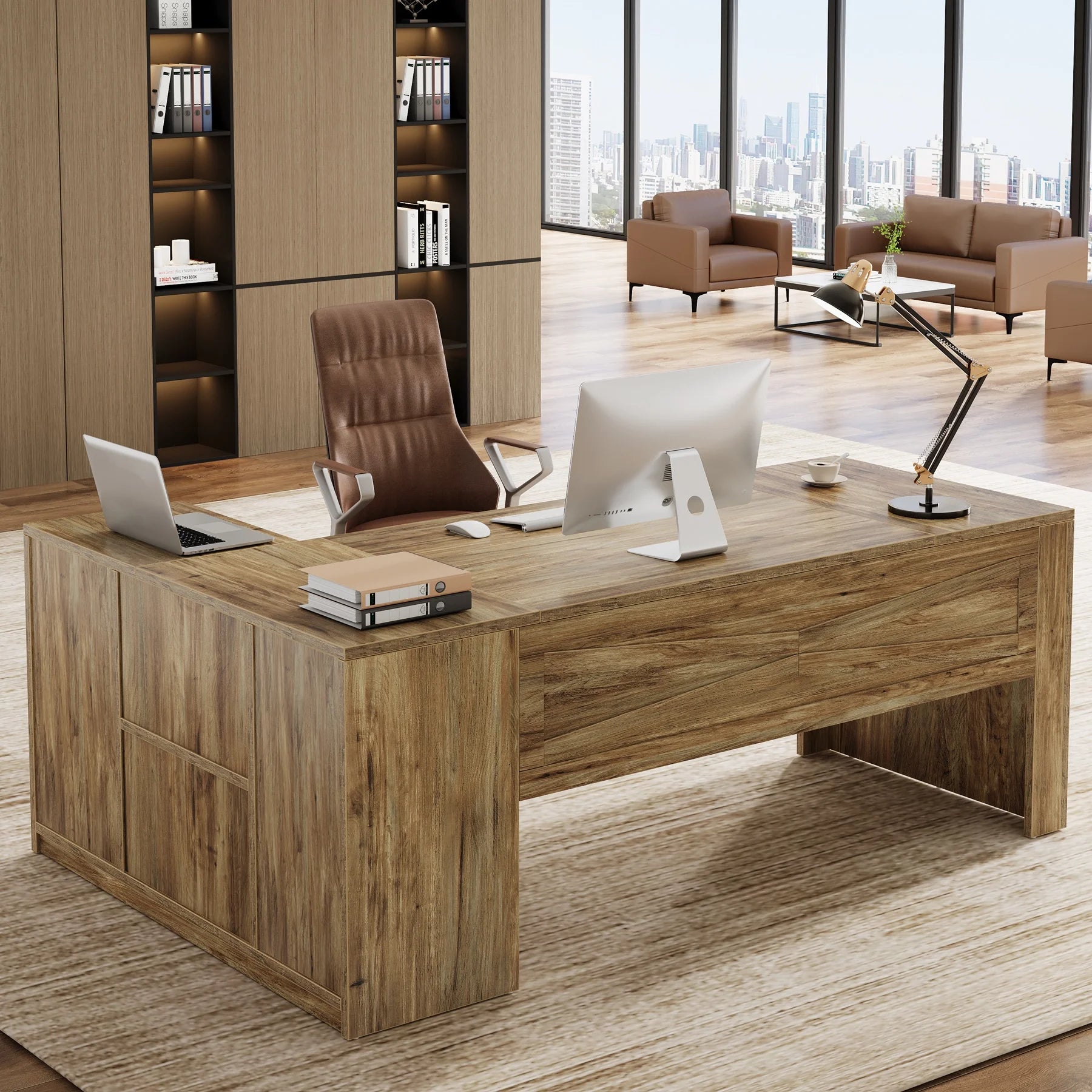 Tribesigns 70.8" L-Shaped Executive Desk, Large Computer Table with Storage Cabinet, Modern Business Furniture with Shelves, Wooden Farmhouse Workstation for Home Office (Rustic Brown)