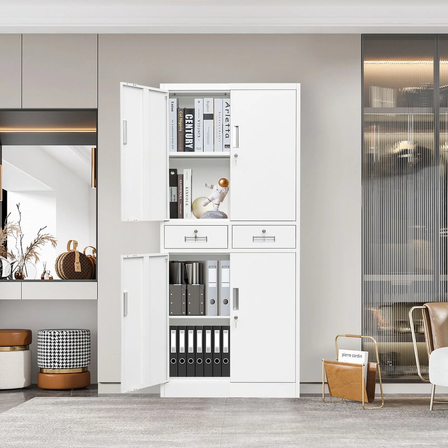Metal Storage Cabinets with 2 Drawer and Adjustable Shelves, Locking Storage Cabinet for Pantry Kitchen Home Office Garage Living Dining Room (White)