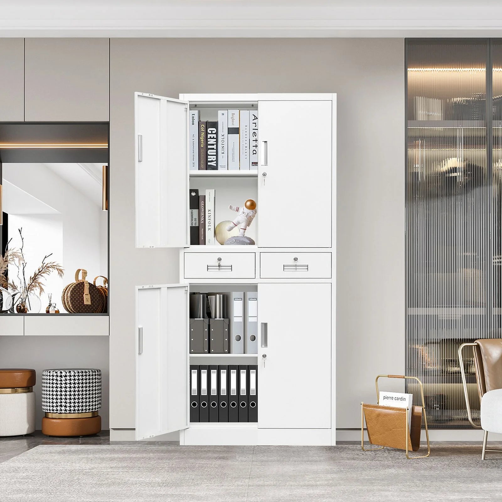 Metal Storage Cabinets with 2 Drawer and Adjustable Shelves, Locking Storage Cabinet for Pantry Kitchen Home Office Garage Living Dining Room (White)
