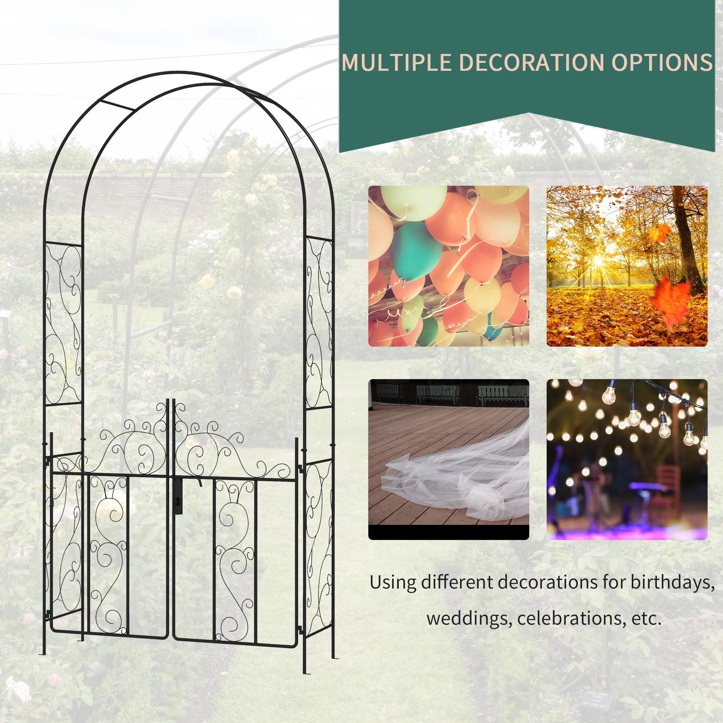 Outsunny 89.25" Metal Garden Arch with Gate, Garden Arbor Trellis for Climbing Plants, Roses, Vines, Wedding Arch, Black