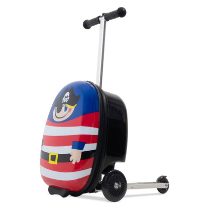 Kids Luggage Scooter, 3-Level Height Adjustable, Pirate Theme Foldable Carry-On Suitcase, Lightweight Ride-On Scooter