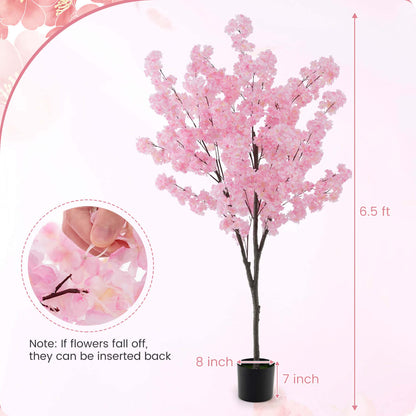 Costway 6.5 FT 2 PCS Tall Artificial Cherry Blossom Tree with 900 Pink Flowers Cement-filled