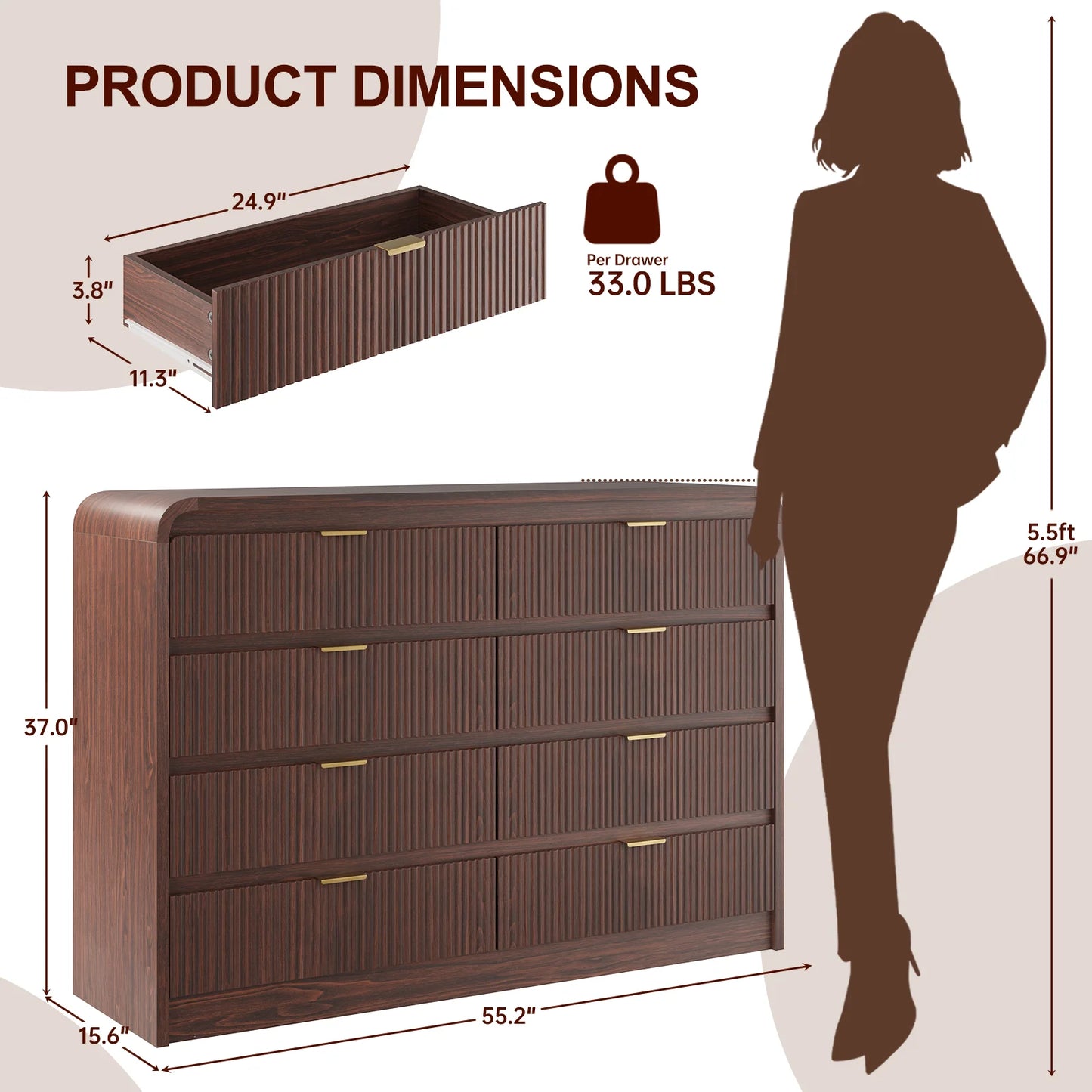SELOOYE Fluted 5 Drawers Dresser for Bedroom, 47" Tall Modern Dresser Chest of Drawers, Black Accents, Fluted Fronts, Wood Storage Dressers Organizer for Bedroom, Living Room, Natural