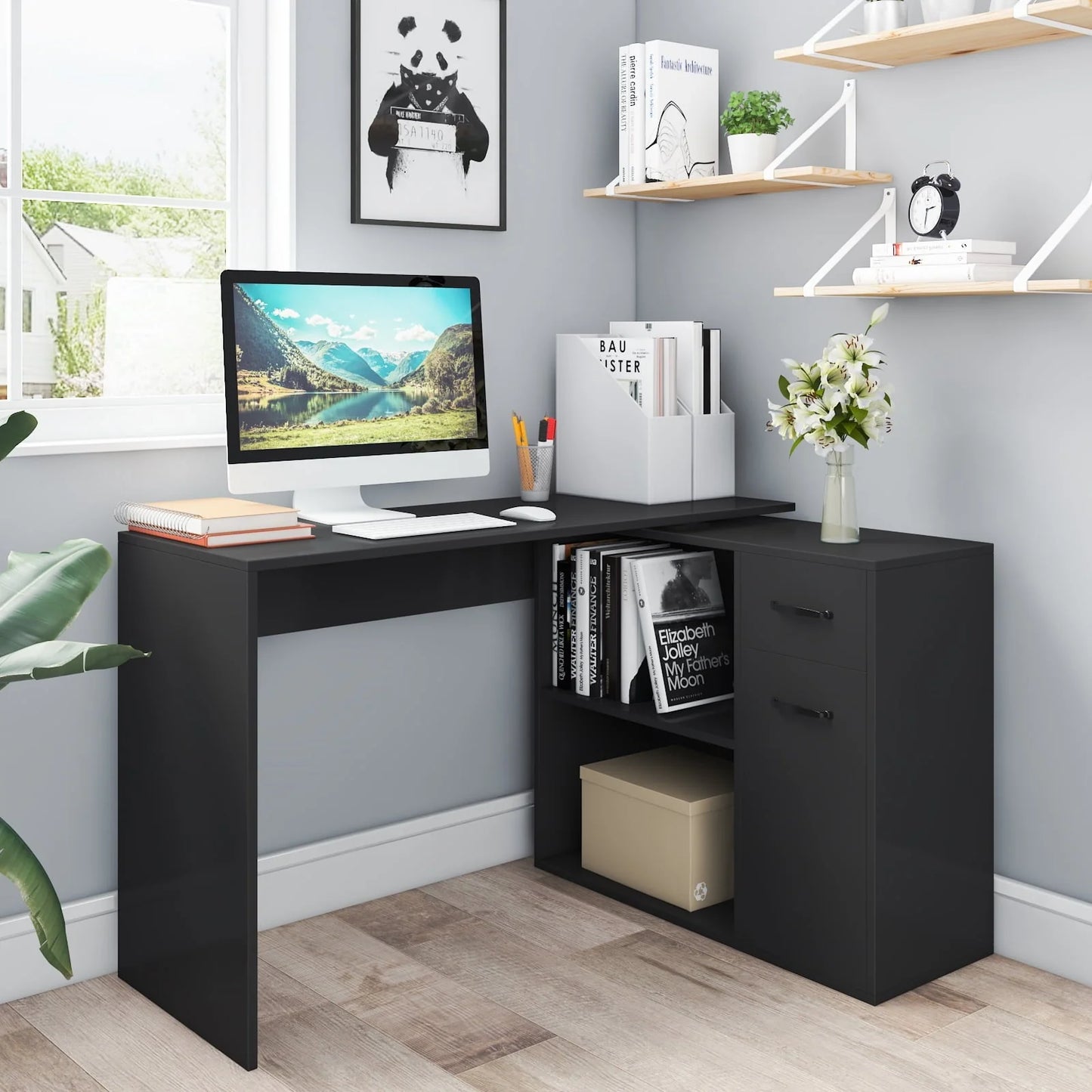 Hoffree 180 Degree Rotating Computer Desk with 2 Open Shelves 68 inch L-Shaped Desk with Drawers & File Cabinet Study Workstation for Home Office & Bedroom, Black/White