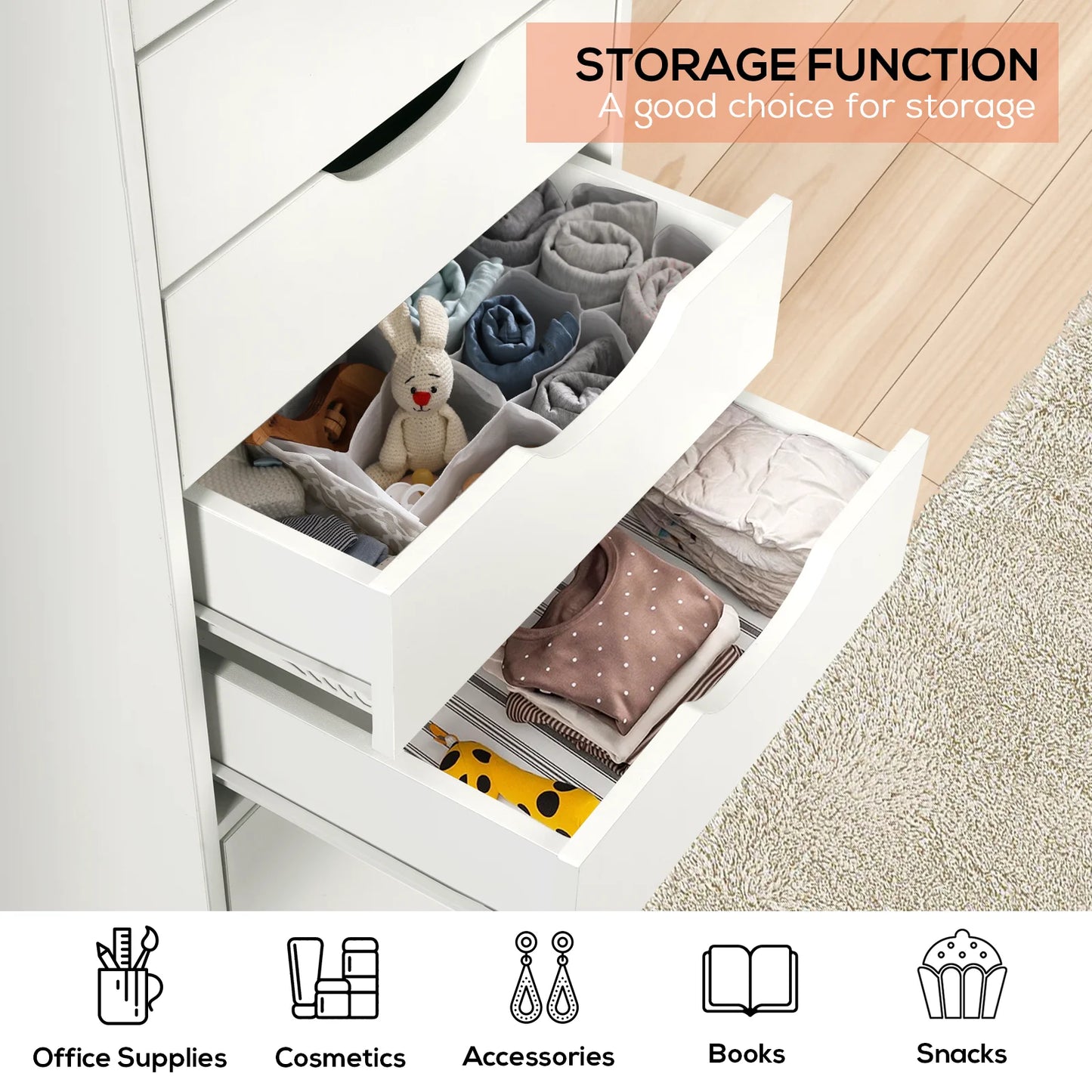 RichYa 5-Drawer Dresser with Caster Wheels, Chest of Drawers with Bottom Cabinet Storage,Storage Cabinet for Bedroom,Home Office (White)
