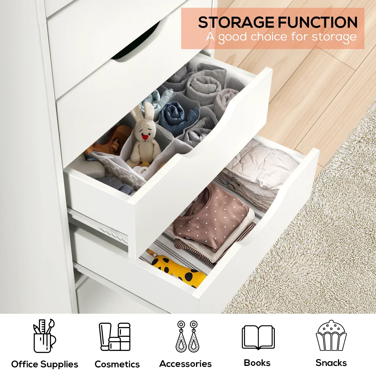RichYa 5-Drawer Dresser with Caster Wheels, Chest of Drawers with Bottom Cabinet Storage,Storage Cabinet for Bedroom,Home Office (White)