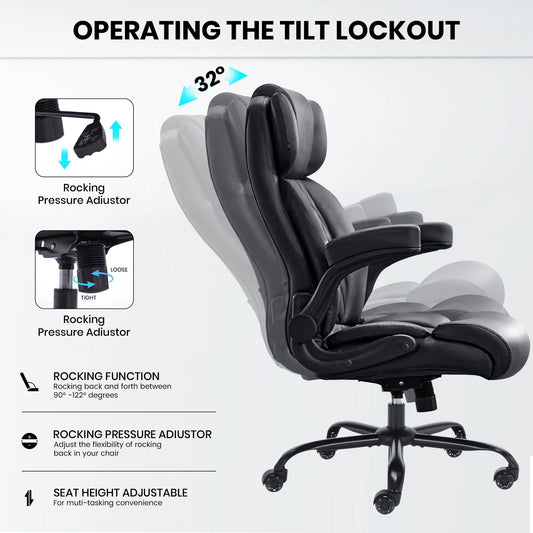 HomeZeer Big and Tall Office Chair 500LBS, High Back Executive PU Leather Chair with Adjustable Lumbar Support, Flip-Up Arms & Wide Seat, Heavy Duty on Rubber Wheels for Home Office, Black