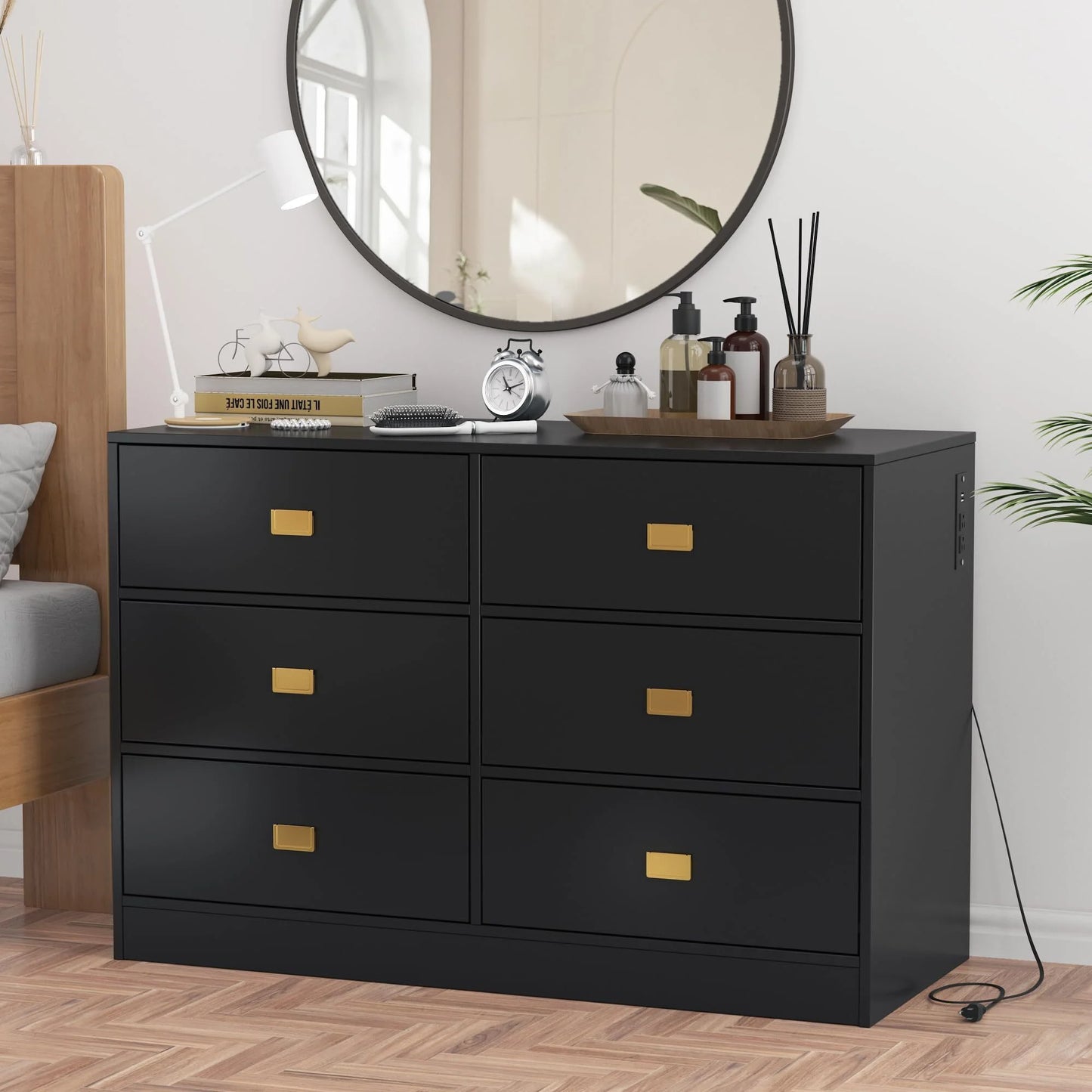 NEILA Changing Table Dresser with 6 Drawers and Power Outlets - Nursery Storage Organizer with Removable Changing Pad
