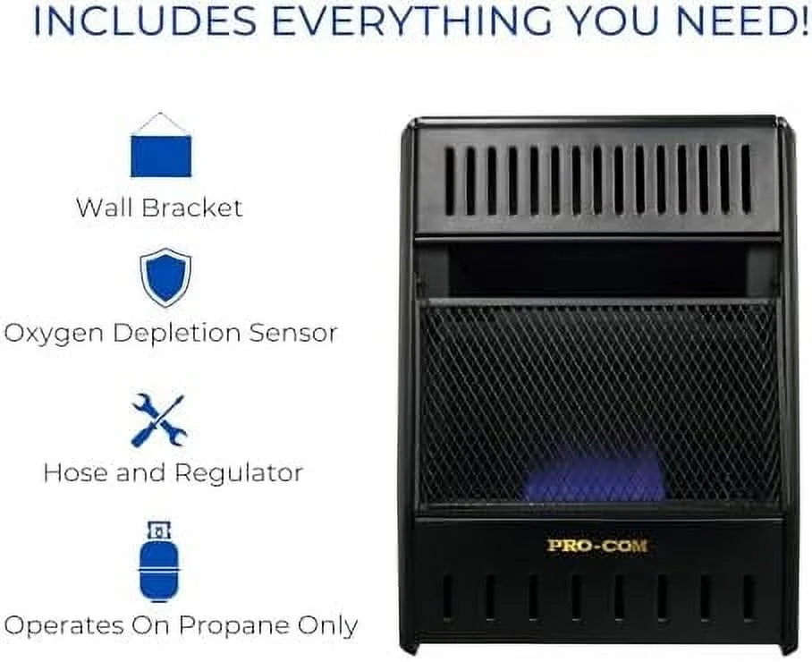 ML100TBAHR Ventless Propane Gas Blue Flame Space Heater with Thermostat Control for Living Room, Bedroom, Home Office, 10000 BTU, Heats Up to 300 Sq. Ft., Includes Wall Mount, Black