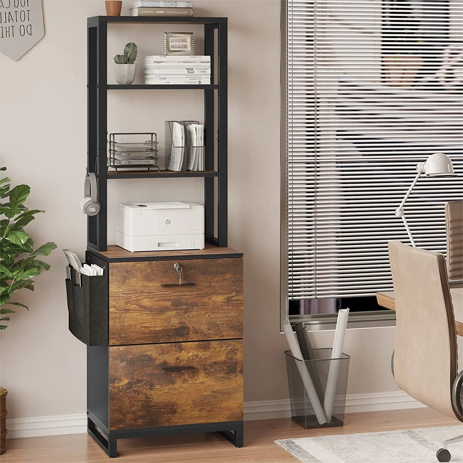 2 Drawer File Cabinet with Lock& Storage Bag,Rustic Home Office Filing Cabinets with Adjustable Storage Shelf,Brown