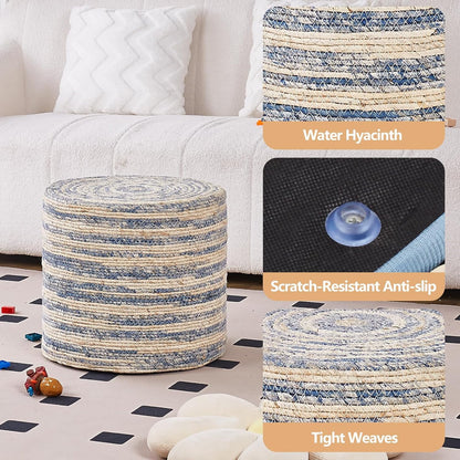 Wimarsbon 18'' Ottoman Pouf, Natural Braided Poof, Rustic Handweave Lounge Pouffe, Boho Footrest Stool for Bedroom, Accent Table for Living Room (Blue Corn Husk)