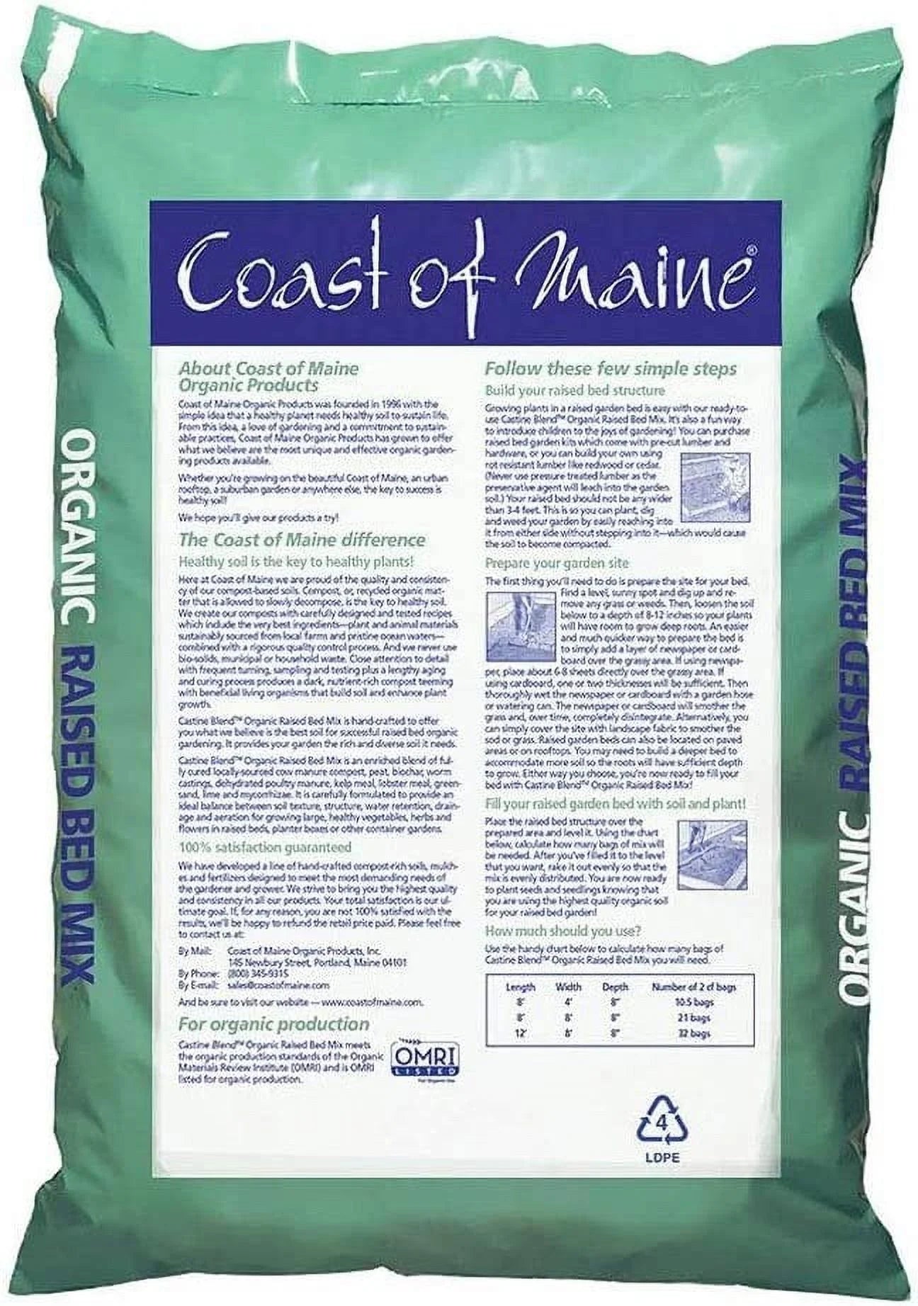 Coast of Maine Castine Blend Organic Raised Bed Soil Mix with All Natural Ingredients for Vegetables, Herbs, and Flowers, 1 Cubic Feet 4 Pack